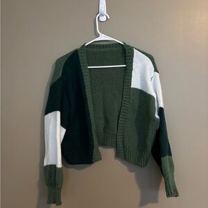 Green and White Cropped Cardigan